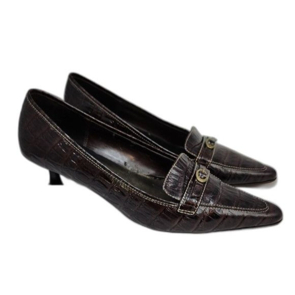 Circa Joan & David Fiorenza Brown Reptile Embossed Leather Heeled Loafers 7.5